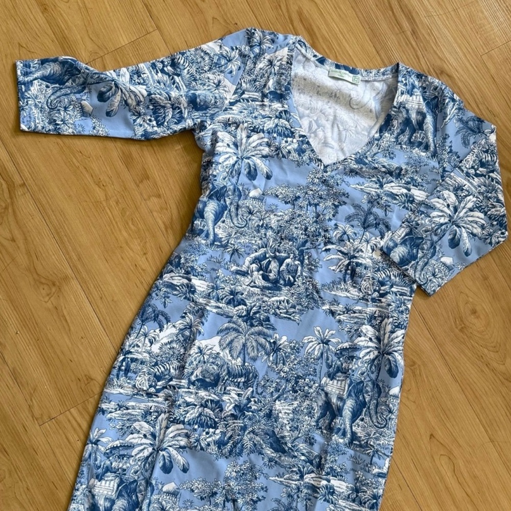 Blue and White Tropical Print Dress